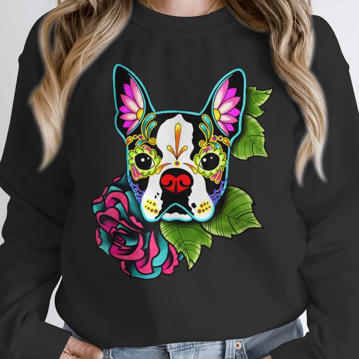 Boston Terrier In Day Of The Dead Sugar Skull Dog Women Crewneck Sweatshirt, funny design