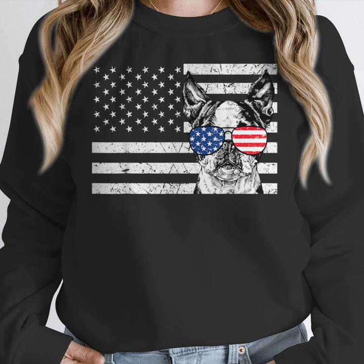 Boston Terrier Dog 4th Of July US American Flag Patriotic Women Crewneck Sweatshirt, Patriotic Boston Terrier Gifts, American Boston Terrier Gifts, Boston Terrier 4th Of July Gifts, funny design