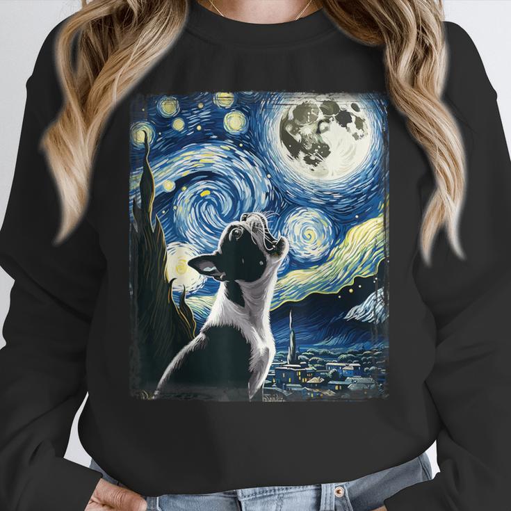 Boston Terrier Dog Art Van Gogh Starry Night Boston Terrier Women Crewneck Sweatshirt, funny design