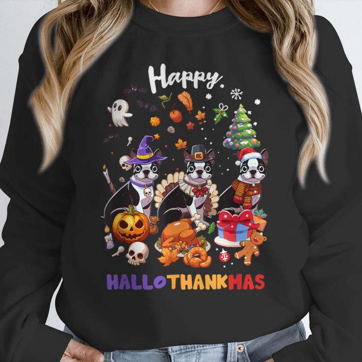 Boston Terrier Dog Christmas Happy Hallothankmas Halloween For Men Women Kids Women Crewneck Sweatshirt, Boston Terrier Christmas Gifts, Boston Terrier Halloween Gifts, funny design