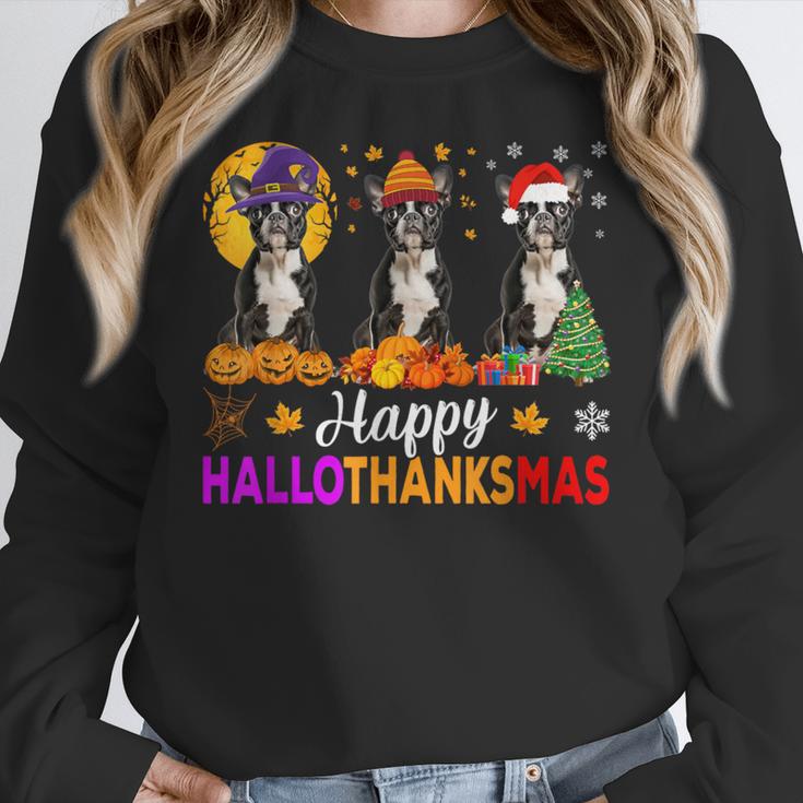 Boston Terrier Dog Halloween Christmas Hallothanksmas Men Women Kids Women Crewneck Sweatshirt, Boston Terrier Christmas Gifts, Boston Terrier Halloween Gifts, funny design