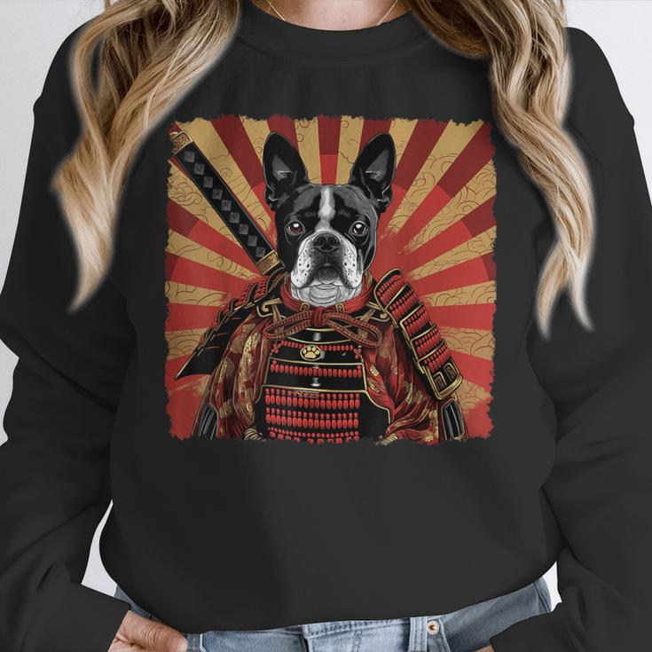 Boston Terrier Dog Japanese Art Samurai Ukiyo-e Women Crewneck Sweatshirt, funny design