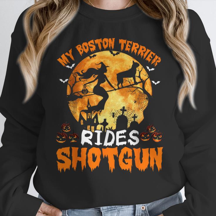 My Boston Terrier Dog Rides Shotgun Witch Halloween Men Women Women Crewneck Sweatshirt, Boston Terrier Halloween Gifts, funny design