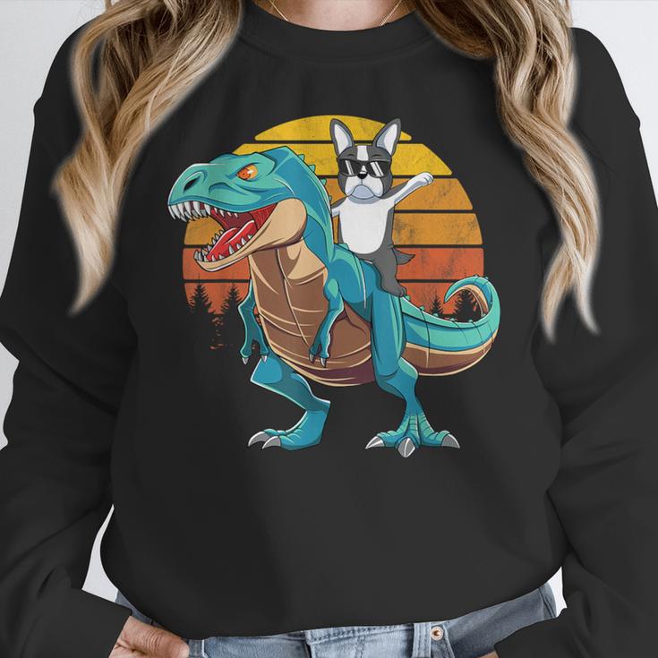 Boston Terrier Dog Riding Dinosaur T Rex Boys Women Crewneck Sweatshirt, Boston Terrier Riding Gifts, funny design