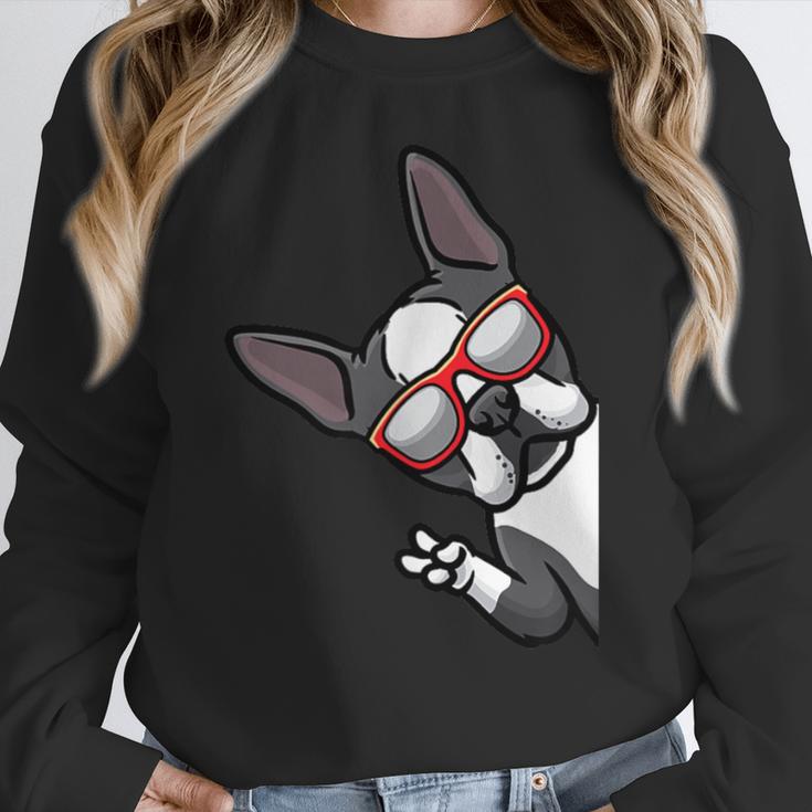 Boston Terrier Dog From Side Boston Bull Women Crewneck Sweatshirt, funny design