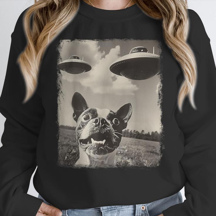 Boston Terrier Dog UFO Alien Extraterrestrial Selfie Women Crewneck Sweatshirt, funny design