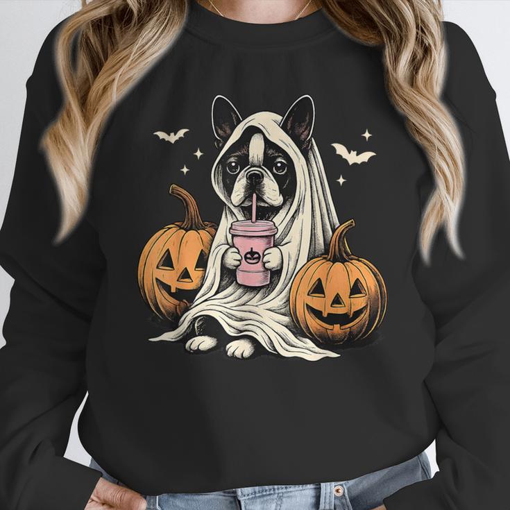 Boston Terrier Ghost Boo Halloween Costume Spooky Season Women Crewneck Sweatshirt, Boston Terrier Ghost Gifts, Boston Terrier Halloween Gifts, funny design