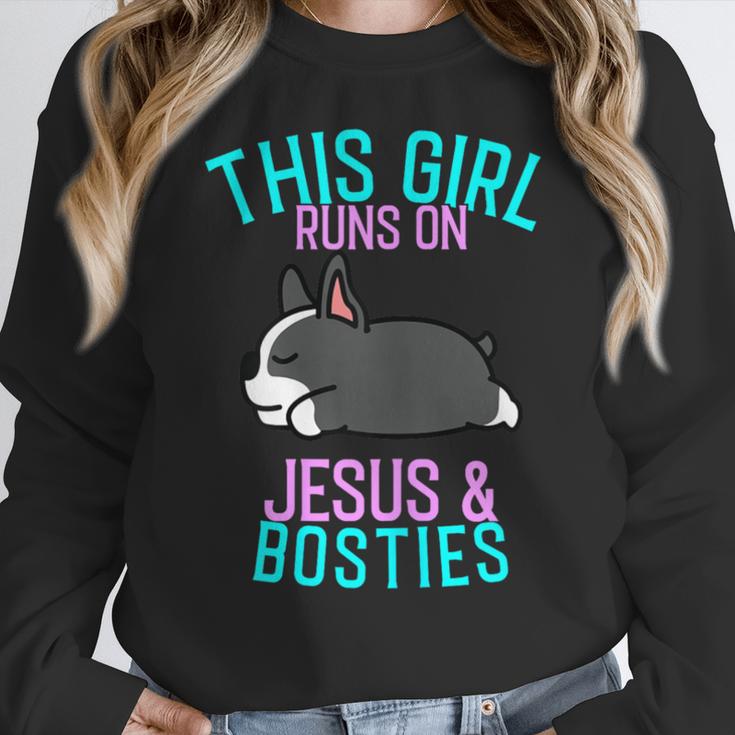 Boston Terrier This Girl Runs On Jesus And Boston Terriers Women Crewneck Sweatshirt, funny design