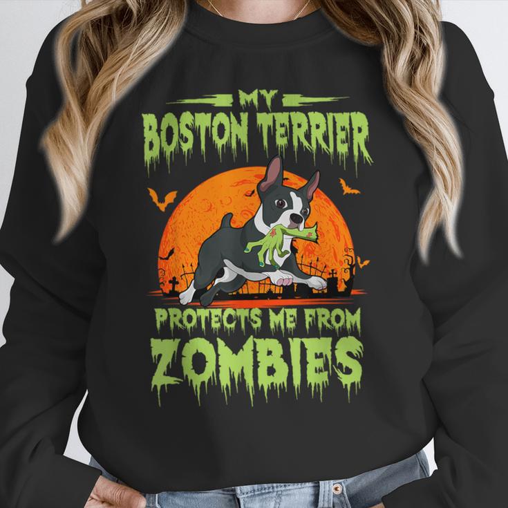 Boston Terrier Halloween Zombie American Gentleman Dog Lover Women Crewneck Sweatshirt, Boston Terrier Halloween Gifts, American Boston Terrier Gifts, funny design