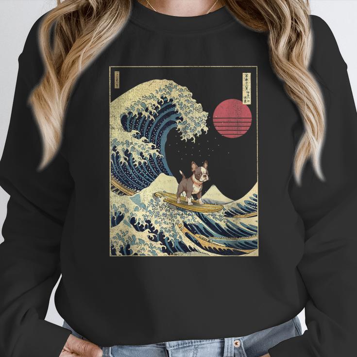 Boston Terrier Japanese Kanagawa Wave Surf Dog Women Crewneck Sweatshirt, funny design