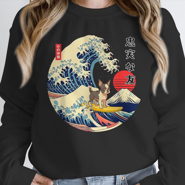 Boston Terrier Japanese Kanagawa Wave Surf Loyal Dog Men Women Kids Women Crewneck Sweatshirt, funny design