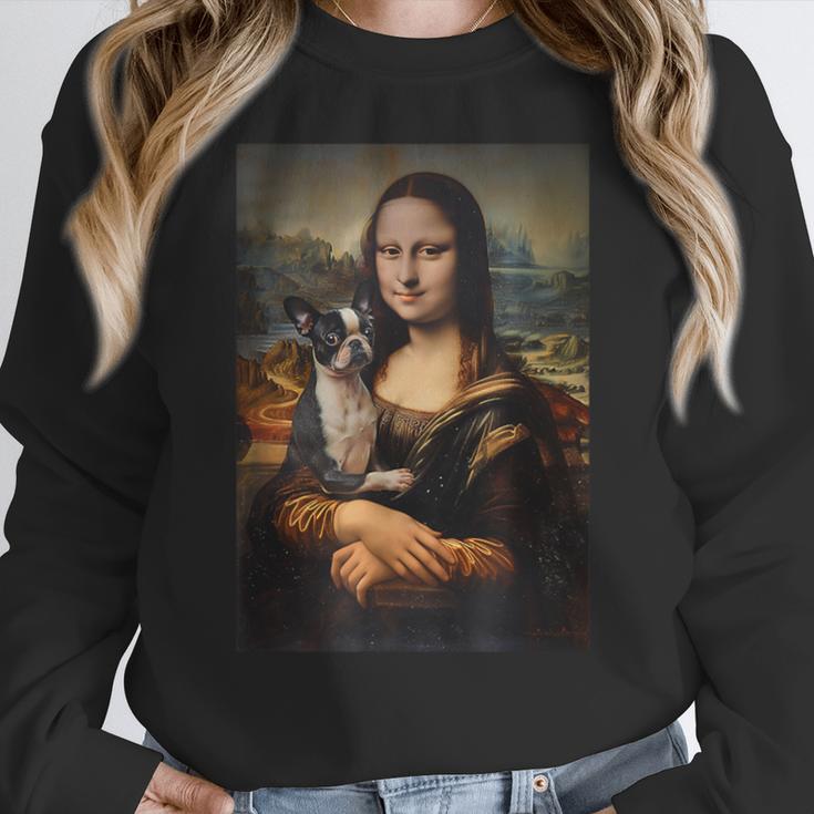 Boston Terrier Mona Lisa Painting Art Dog Mom Dad For Men Women Kids Women Crewneck Sweatshirt, Mom Gifts, Boston Terrier Dad Gifts, Boston Terrier Mom Gifts, funny design