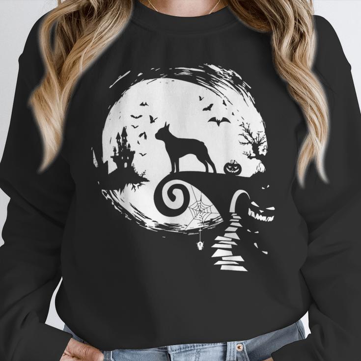 Boston Terrier And Moon Halloween Costume Dog Lover Women Crewneck Sweatshirt, Boston Terrier Halloween Gifts, funny design