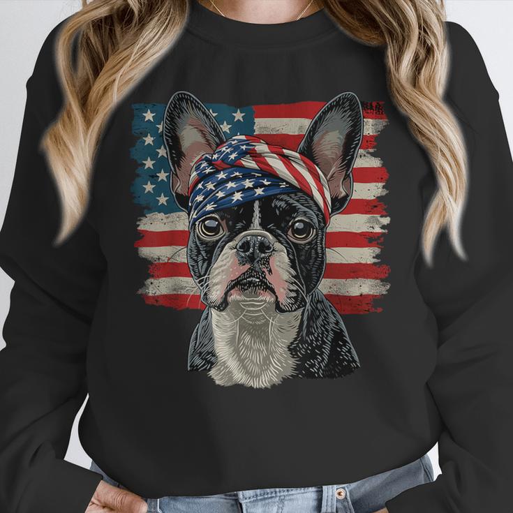 Boston Terrier Patriotic 4th Of July USA American Flag Women Crewneck Sweatshirt, Patriotic Boston Terrier Gifts, American Boston Terrier Gifts, Boston Terrier 4th Of July Gifts, funny design