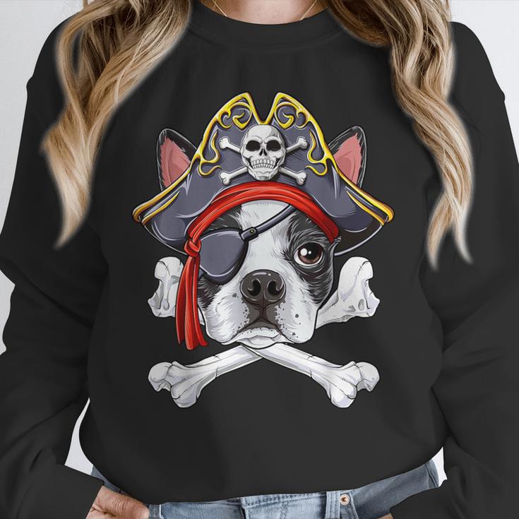 Boston Terrier Pirate T Shirt Jolly Roger Crossbones Skull Women Crewneck Sweatshirt, funny design