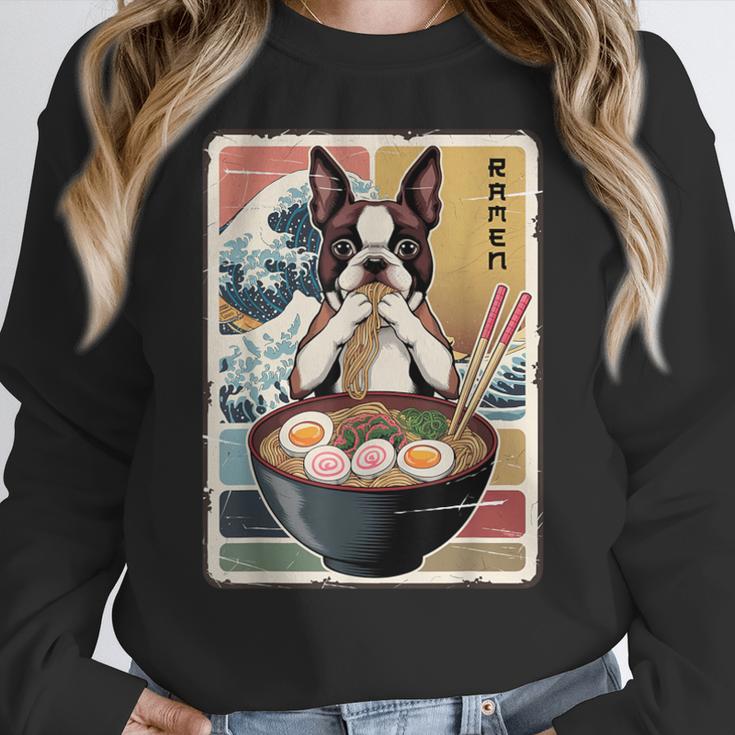 Boston Terrier Ramen Noodles Japanese Art Retro Ocean Waves Women Crewneck Sweatshirt, funny design