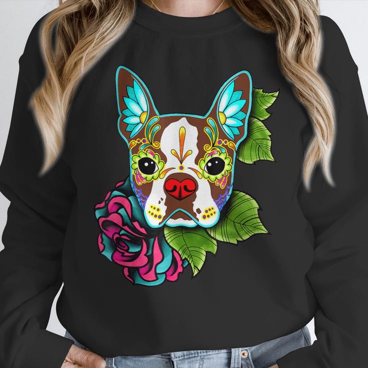 Boston Terrier In Red Day Of The Dead Sugar Skull Dog Women Crewneck Sweatshirt, funny design