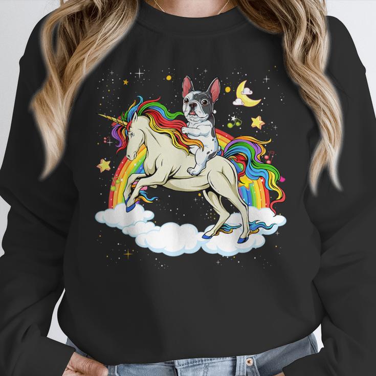 Boston Terrier Riding Unicorn Boys Girls Kids Rainbow Women Crewneck Sweatshirt, Boston Terrier Riding Gifts, funny design