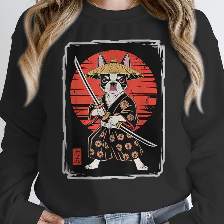 Boston Terrier Samurai Ninja Vintage Anime Japanese Ukiyo-e Women Crewneck Sweatshirt, funny design