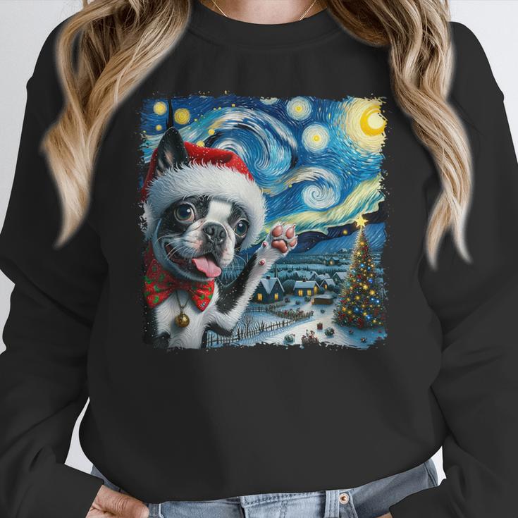 Boston Terrier Santa Starry Night Van Gogh Christmas Dog Men Women Kids Women Crewneck Sweatshirt, Boston Terrier Christmas Gifts, funny design