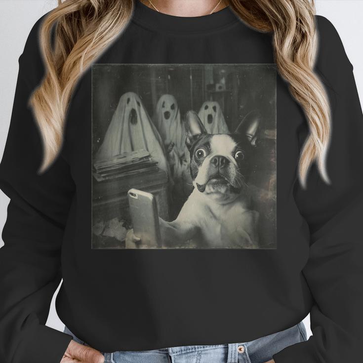 Boston Terrier Selfie With Ghosts Halloween Dog Lover Women Crewneck Sweatshirt, Boston Terrier Halloween Gifts, funny design