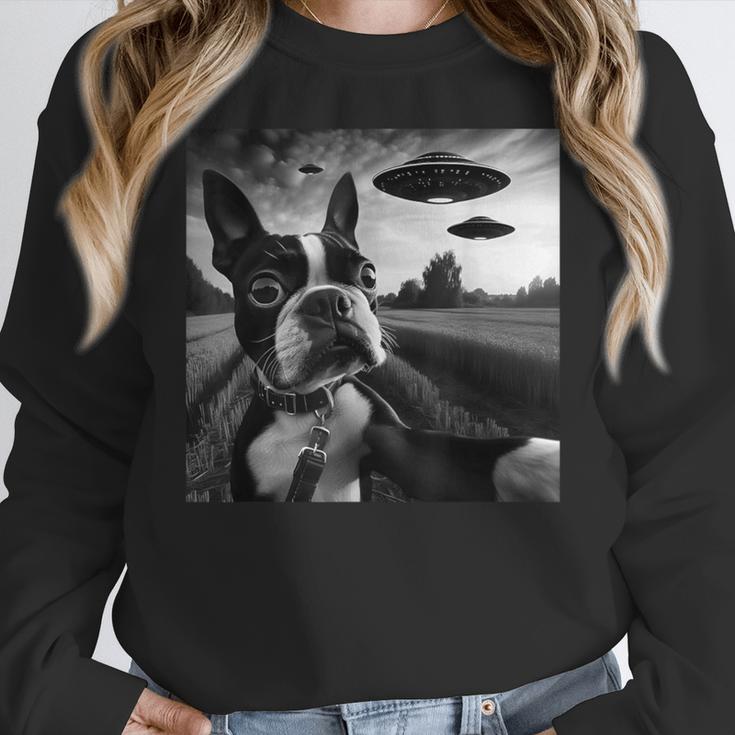 Boston Terrier Graphic Selfie With UFOs Weird Aliens Women Crewneck Sweatshirt, funny design