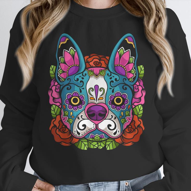 Boston Terrier Sugar Skull Dog Day Of The Dead Women Crewneck Sweatshirt, funny design