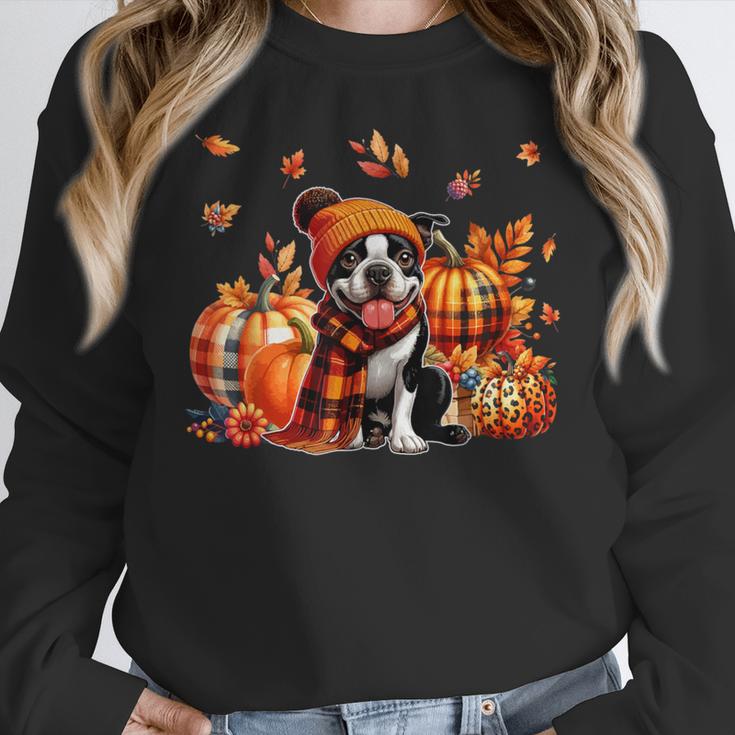 Boston Terrier Thanksgiving Leopard Pumpkins Fall Leaves Women Crewneck Sweatshirt, Boston Terrier Thanksgiving Gifts, funny design