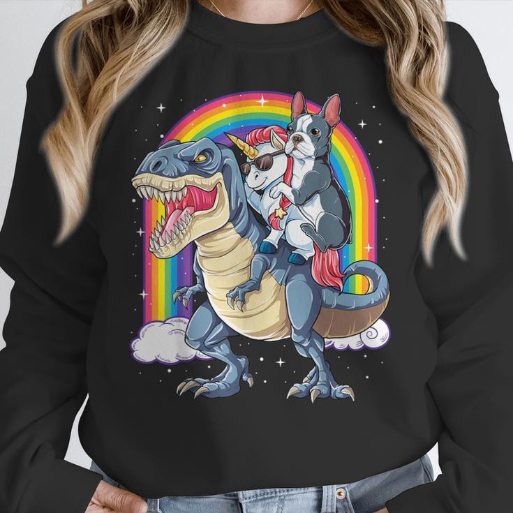 Boston Terrier Unicorn Riding Dinosaur T-Rex Girls Rainbow Women Crewneck Sweatshirt, Boston Terrier Riding Gifts, funny design