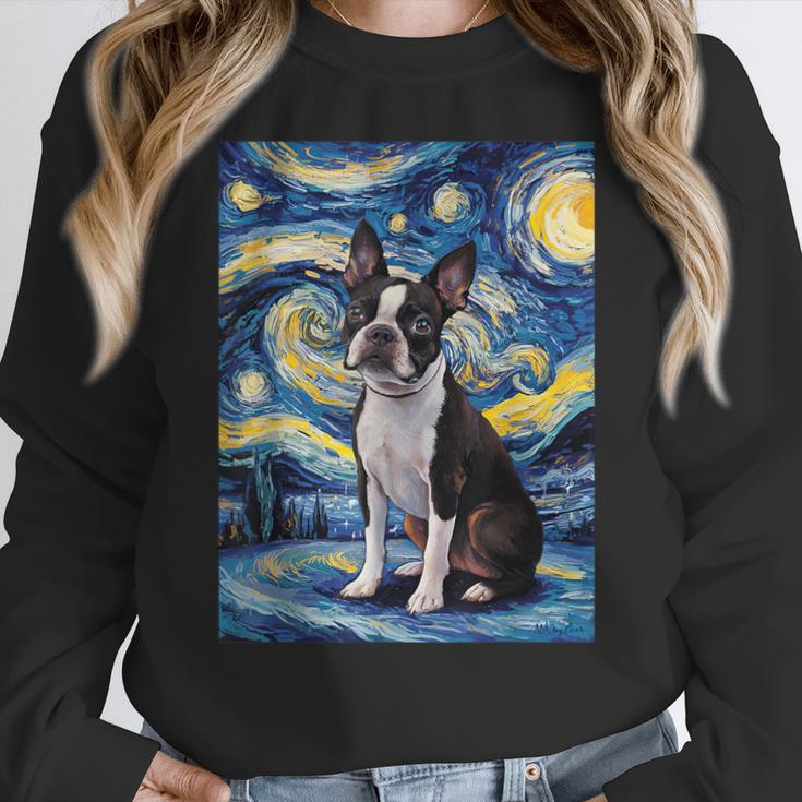 Boston Terrier Van Gogh Starry Night Women Crewneck Sweatshirt, funny design