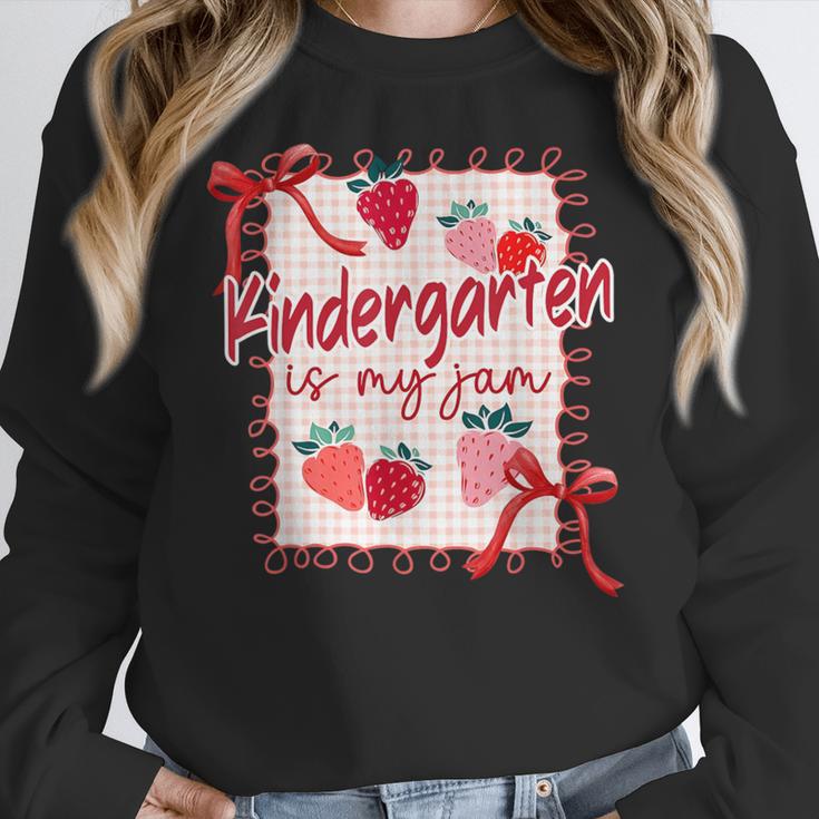 Bow Strawberry Kindergarten Is My Jam Teacher Kinder Team Women Crewneck Sweatshirt, funny design Bow Strawberry Kindergarten Is My Jam Teacher Kinder Team Women Crewneck Sweatshirt, funny design