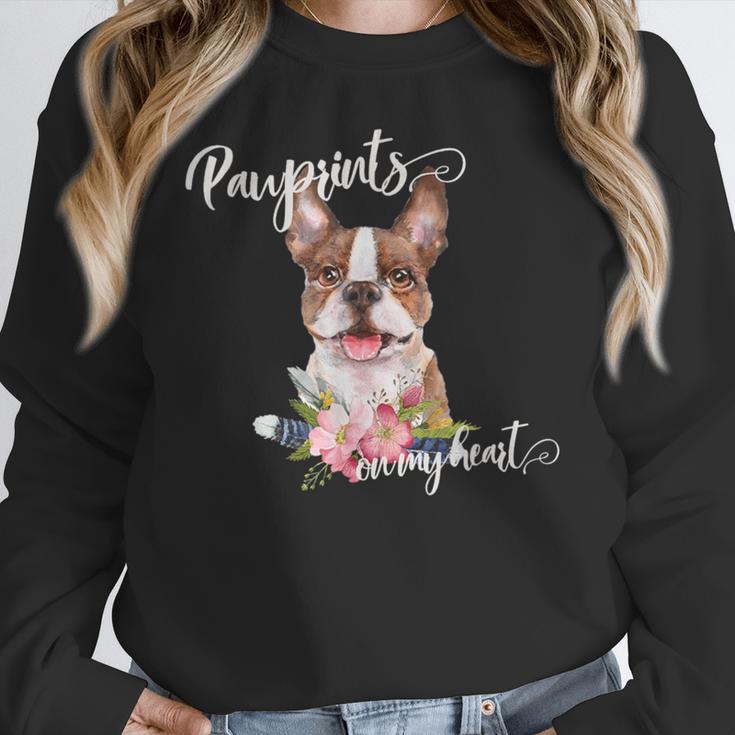 Brown Boston Terrier With Flowers And Feathers Women Crewneck Sweatshirt, funny design