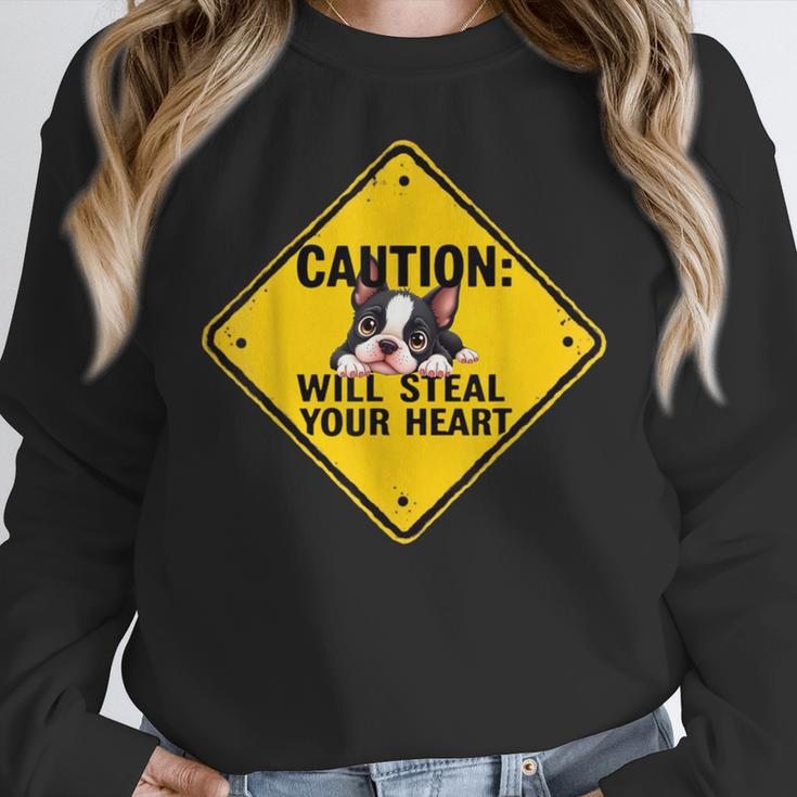 Caution Sign Boston Terrier Dog Bostie Puppy Women Crewneck Sweatshirt, funny design