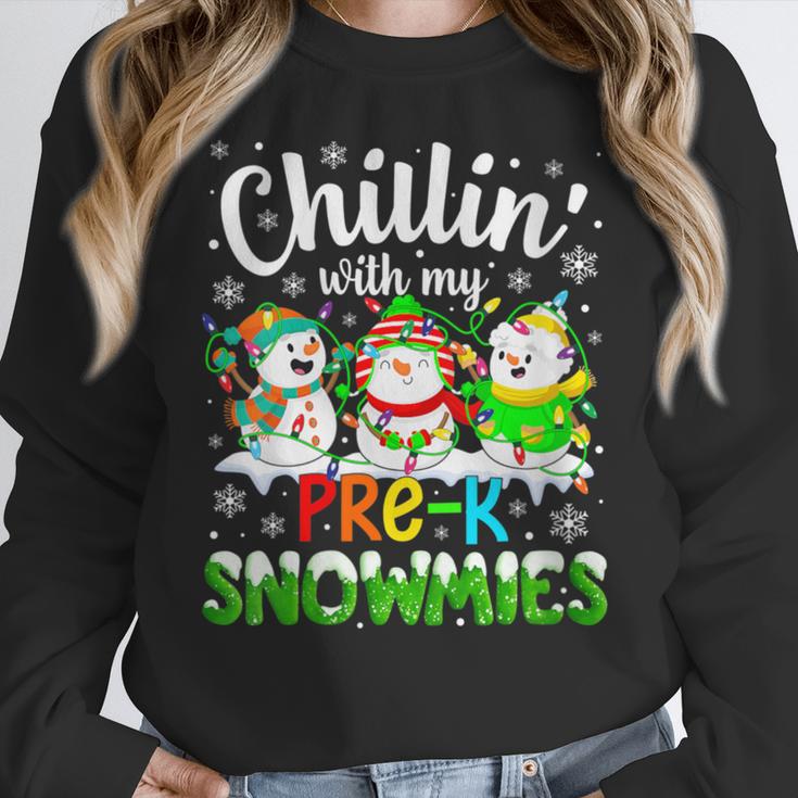 Chillin With My Pre-K Snowmies Christmas Teacher Xmas Women Crewneck Sweatshirt, funny design