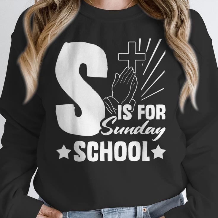 Christian Teacher S Is For Sunday School Essentials Women Crewneck Sweatshirt, funny design Christian Teacher S Is For Sunday School Essentials Women Crewneck Sweatshirt, funny design