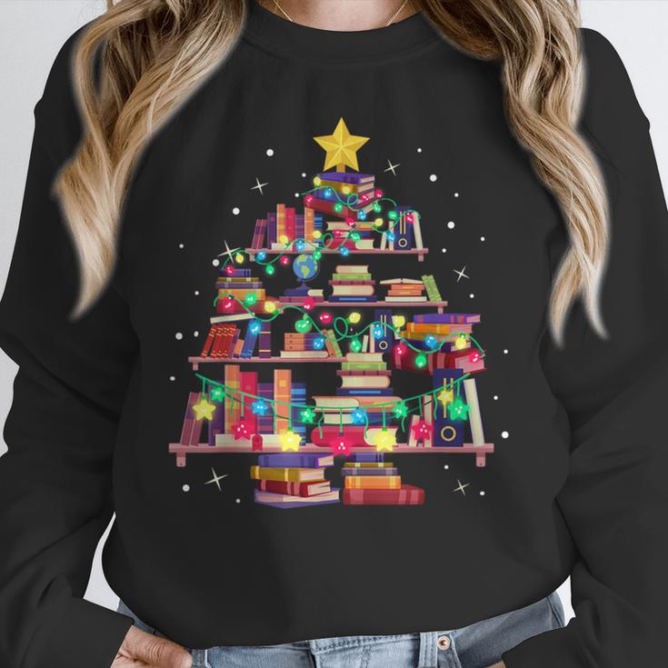 Christmas Library Tree Love Reading Books Nerd Teacher Women Crewneck Sweatshirt, funny design