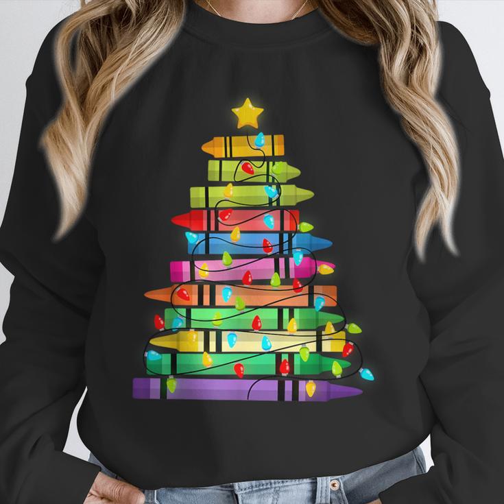 Christmas Tree Made Of Crayons School Teacher Life Student Women Crewneck Sweatshirt, funny design
