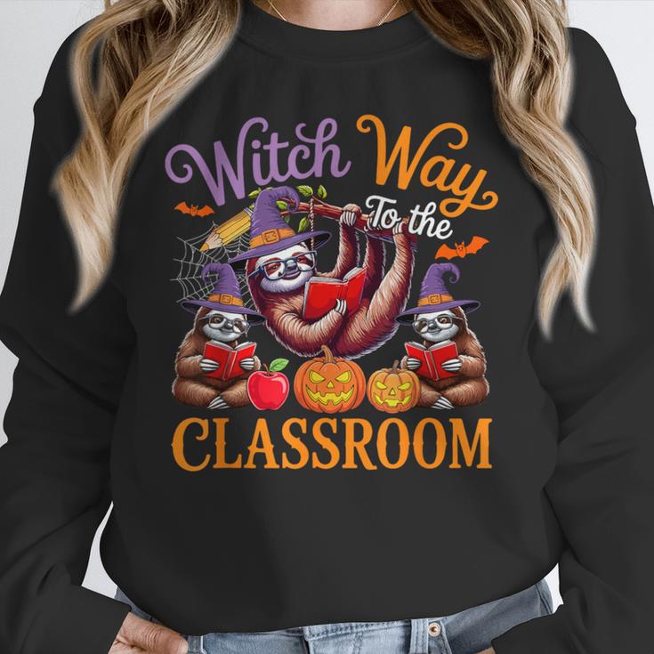 Way To Classroom Halloween Witch Three Cute Sloths Teacher Women Crewneck Sweatshirt, funny design