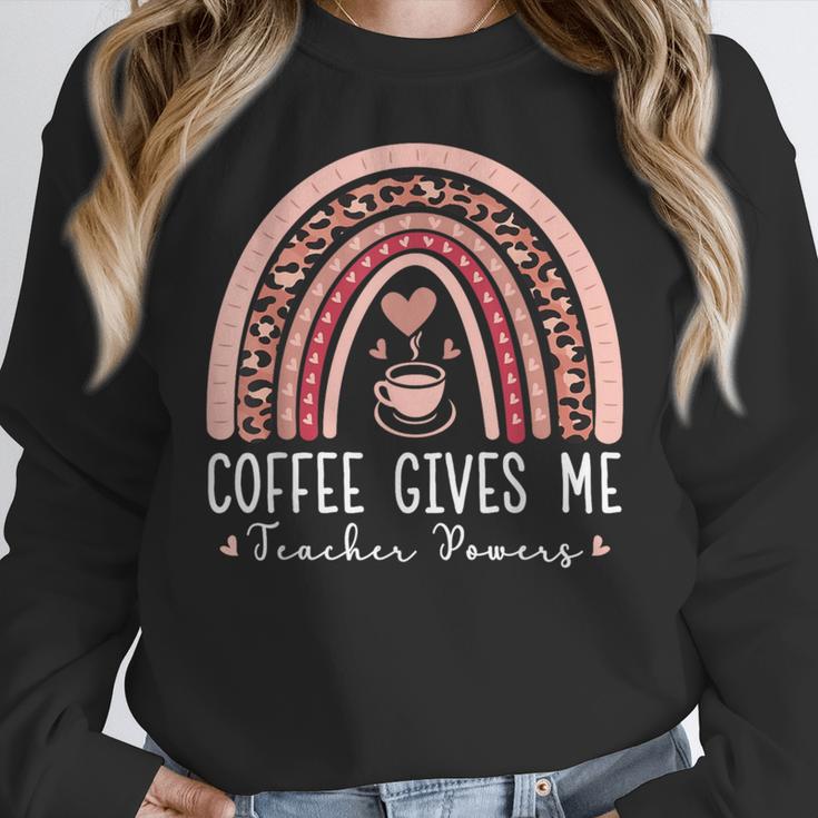Coffee Gives Me Teacher Powers Leopard Rainbow Teacher Women Crewneck Sweatshirt, funny design