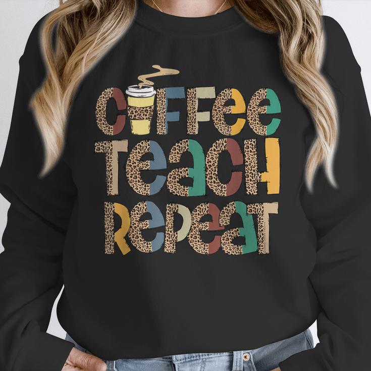 Coffee Teach Repeat Leopard Print Back To School Teachers Women Crewneck Sweatshirt, funny design