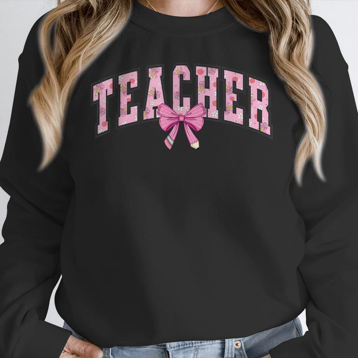 Coquette Bow Back To School First Day Teacher Women Crewneck Sweatshirt, funny design Coquette Bow Back To School First Day Teacher Women Crewneck Sweatshirt, funny design