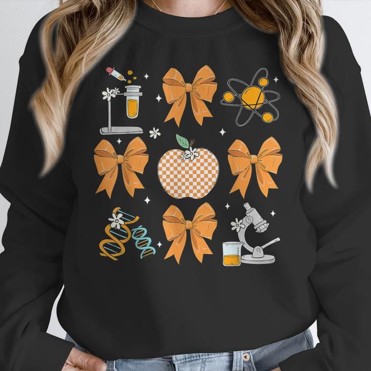 Coquette Bow Fall Science Teacher Stem Teacher Thanksgiving Women Crewneck Sweatshirt, Science Teacher Gifts, funny design