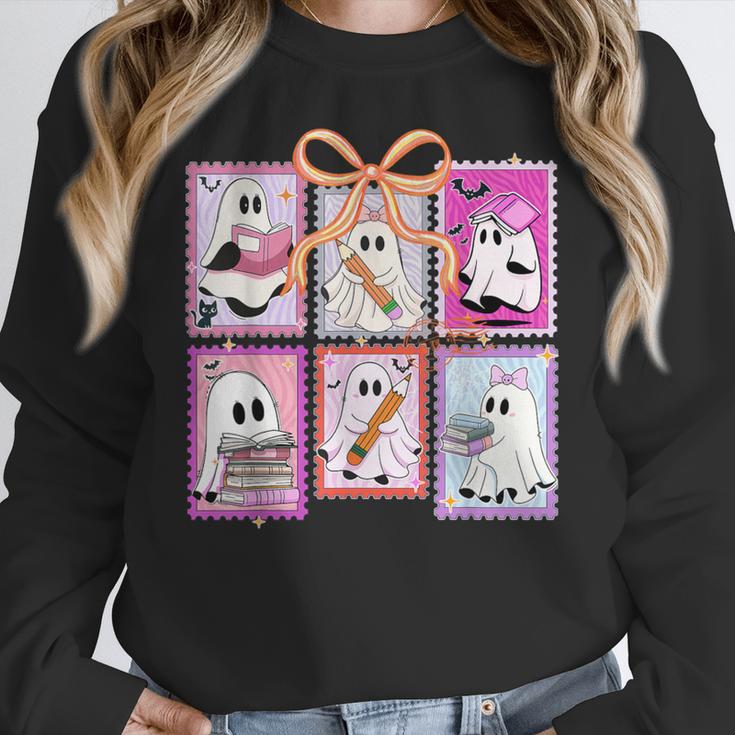 Coquette Bow Spooky Teacher Ghost Halloween Trick Or Teach Women Crewneck Sweatshirt, funny design Coquette Bow Spooky Teacher Ghost Halloween Trick Or Teach Women Crewneck Sweatshirt, funny design