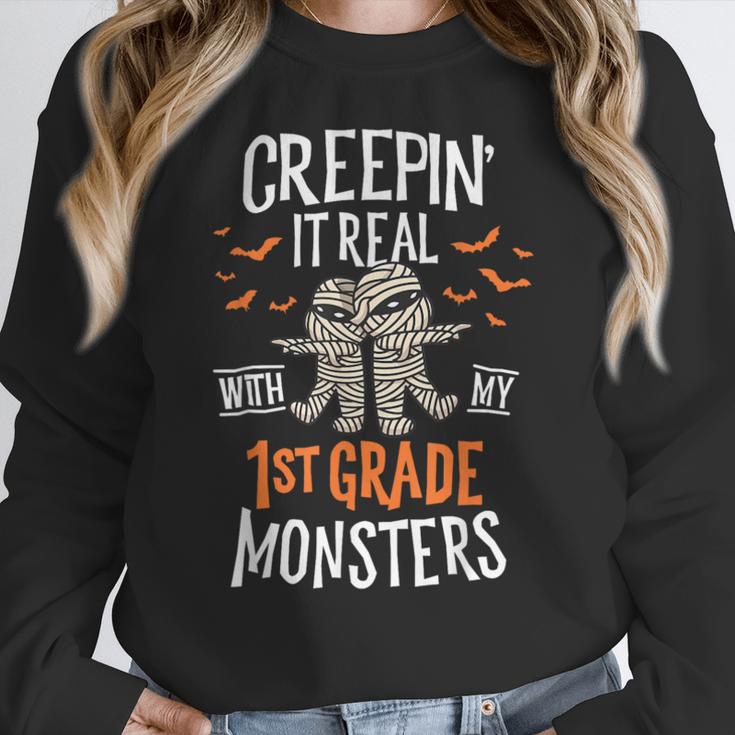 Creepin It Real With My 1st Grade Monsters Halloween Teacher Women Crewneck Sweatshirt, funny design Creepin It Real With My 1st Grade Monsters Halloween Teacher Women Crewneck Sweatshirt, funny design
