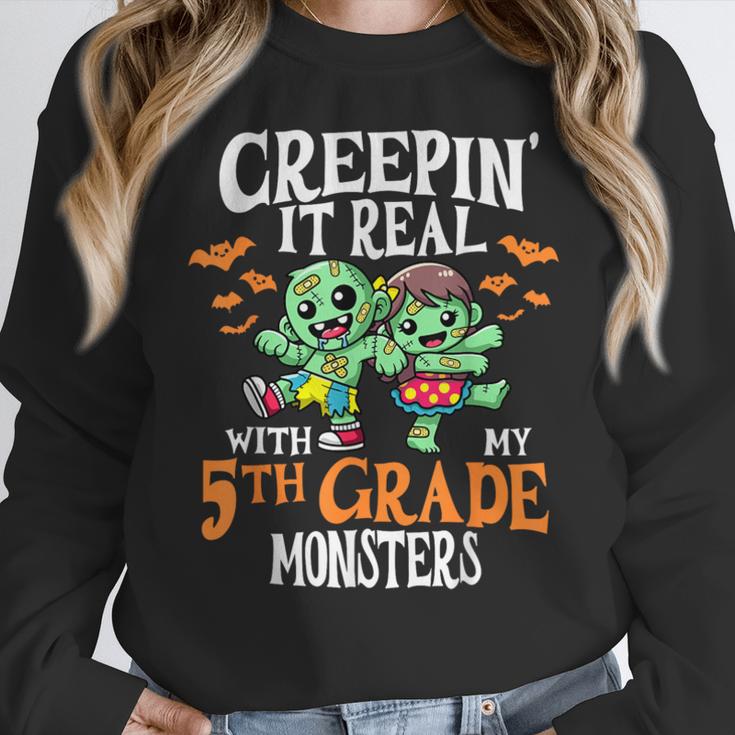 Creepin It Real Monster School 5th Grade Teacher Halloween Women Crewneck Sweatshirt, funny design Creepin It Real Monster School 5th Grade Teacher Halloween Women Crewneck Sweatshirt, funny design