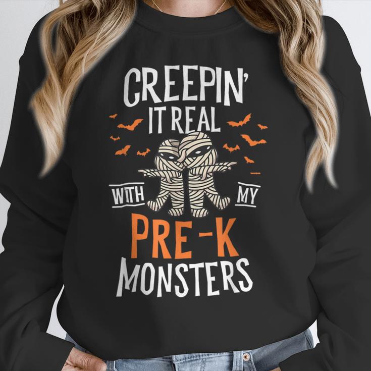 Creepin It Real Pre-K Monsters Halloween Preschool Teacher Women Crewneck Sweatshirt, funny design