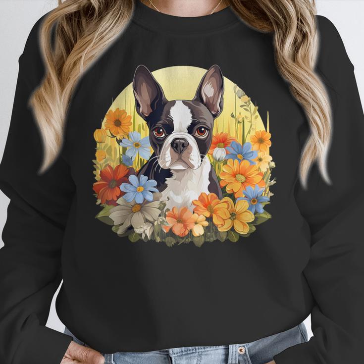 Cute Boston Terrier Spring Flower Garden Colorful Puppy Dog Women Crewneck Sweatshirt, funny design