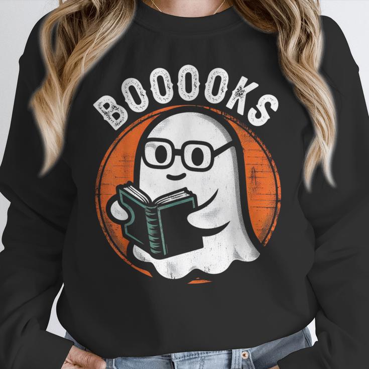 Cute Ghost Book Reading Books Lover Retro Halloween Teacher Women Crewneck Sweatshirt, funny design