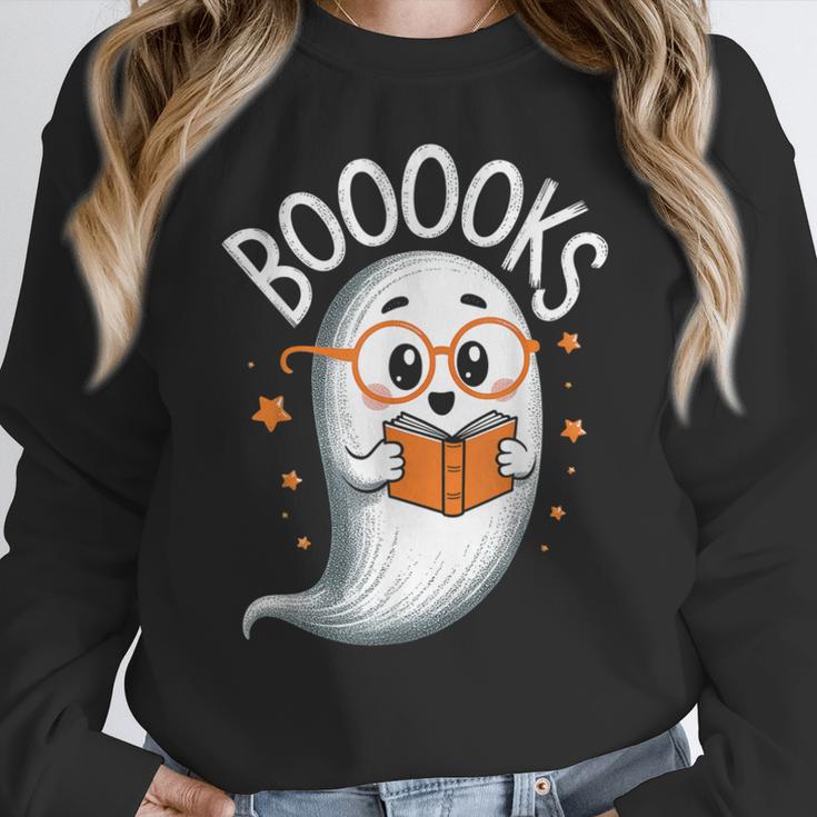 Cute Ghost Book Reading Halloween Teacher Women Crewneck Sweatshirt, funny design Cute Ghost Book Reading Halloween Teacher Women Crewneck Sweatshirt, funny design