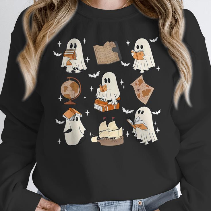 Cute Ghosts Reading Book Bookworm Halloween History Teacher Women Crewneck Sweatshirt, History Teacher Gifts, funny design